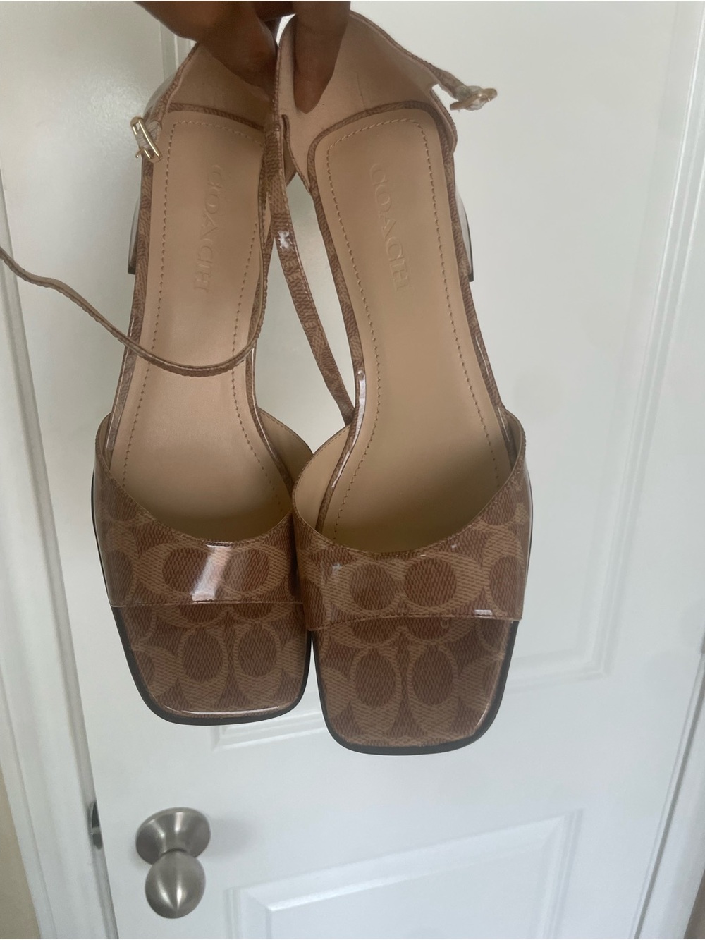 Coach Brown Signature Block Heel Sandal with Ankle Strap Patent - Picture 4 of 9